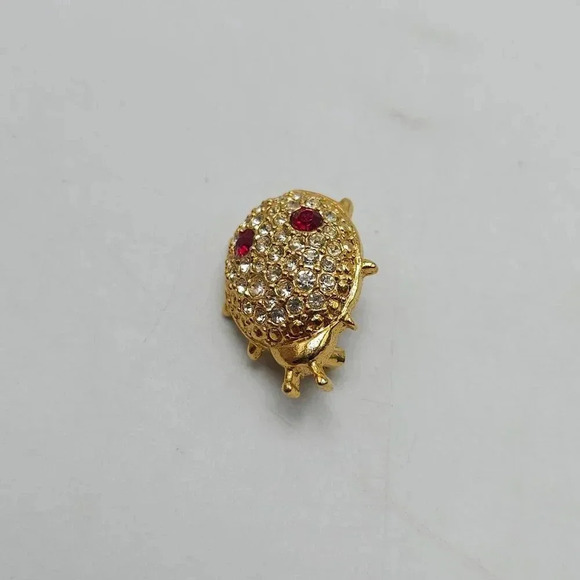 Vintage Gold-Tone Ladybug Rhinestone Brooch Pin With Red Gem Eyes - Picture 2 of 4